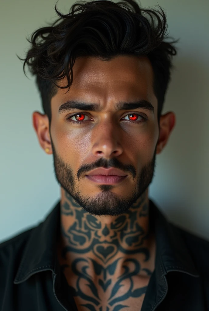 23 year old Latino man with red eyes, handsome with a tattoo on his neck and beard 