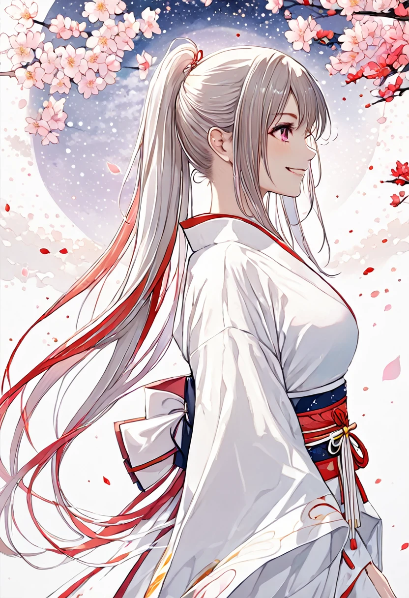 [(white background:1.4)::5],original,(illustration:1.1),(best quality),(masterpiece:1.1),(extremely detailed CG unity 8k wallpaper:1.1), (colorful:0.9),(mid shot:0.95),((highly detailed beautiful face and eyes)),(solo:1.2), (girl),(((adult))), (detailed beautiful eyes:1.15), (beautiful face:1.15), (glowing pink eyes:1.25////),(((silver medium hair))),(+perfect hand+:1.21),(Draw an illustration of japanese miko),(((side ponytail))),(Religious),(slender),(from side),(is wearing white kimono),(fantasy miko clothes),((beutiful slender girl with white kimono)),smile,(adult),side ponytail,