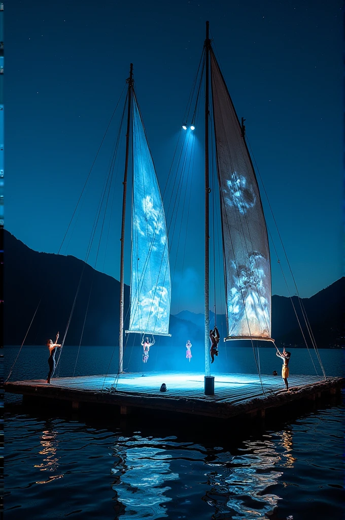 Night aerial circus show on Lake Atitlan. The stage is a floating bamboo platform with sails on which videos are projected..