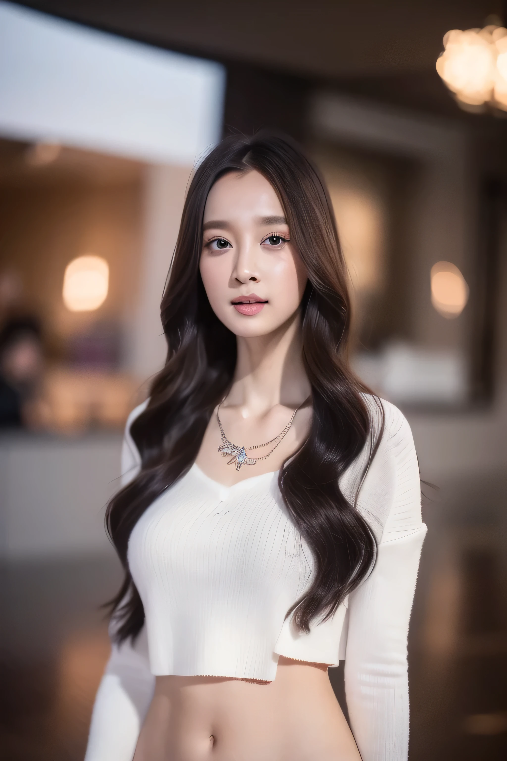 8k, masterpiece, original photo, best quality, Reality, Extremely detailed CG Unity 8K wallpaper, Depth of Field, Movie Lighting, lens flare, Ray Tracing, (Extremely beautiful face, Beautiful lips, beautiful eyes), Intricately detailed face, ((Ultra-delicate skin), Beautiful 1 girl best quality photos, Ultra-high resolution, (Realistically:1.4),Cute hairpin,1 girl,Red long hair,Cropped sweater ,Beautiful slim woman:1.4, on the island,Super thin face,Exquisite eyes,double eyelids,Necklace
