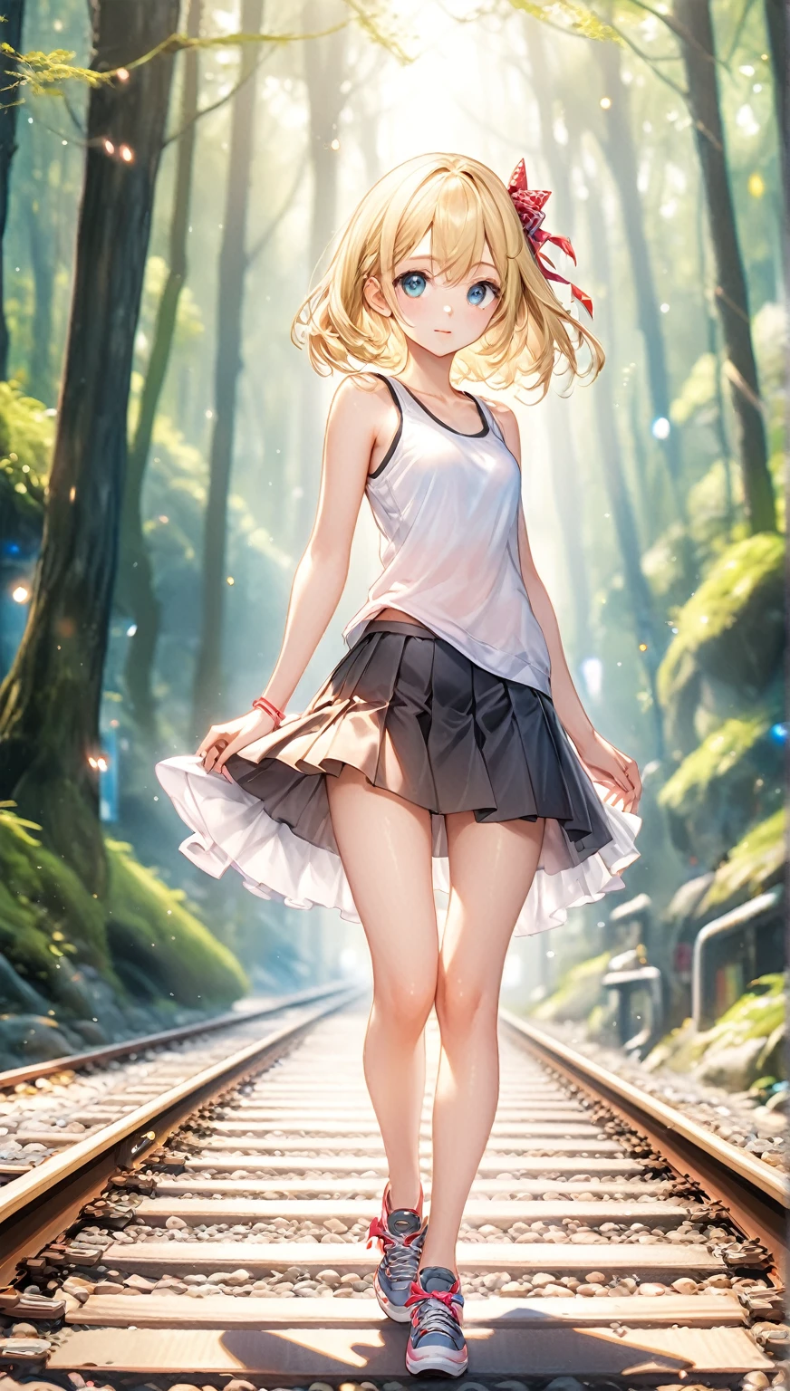 (Highest quality,8k,32K,masterpiece,Ultra-high resolution :1.2 ),born,One person,Super cute,Natural light,Clear, shining eyes,20-year-old,Fair skin,On the tracks,Electronic world fantasy background,A deep background,Blonde,Tank top,ribbon,mini skirt,Artistic,Fantasy,Beautiful scenery,whole body,forest