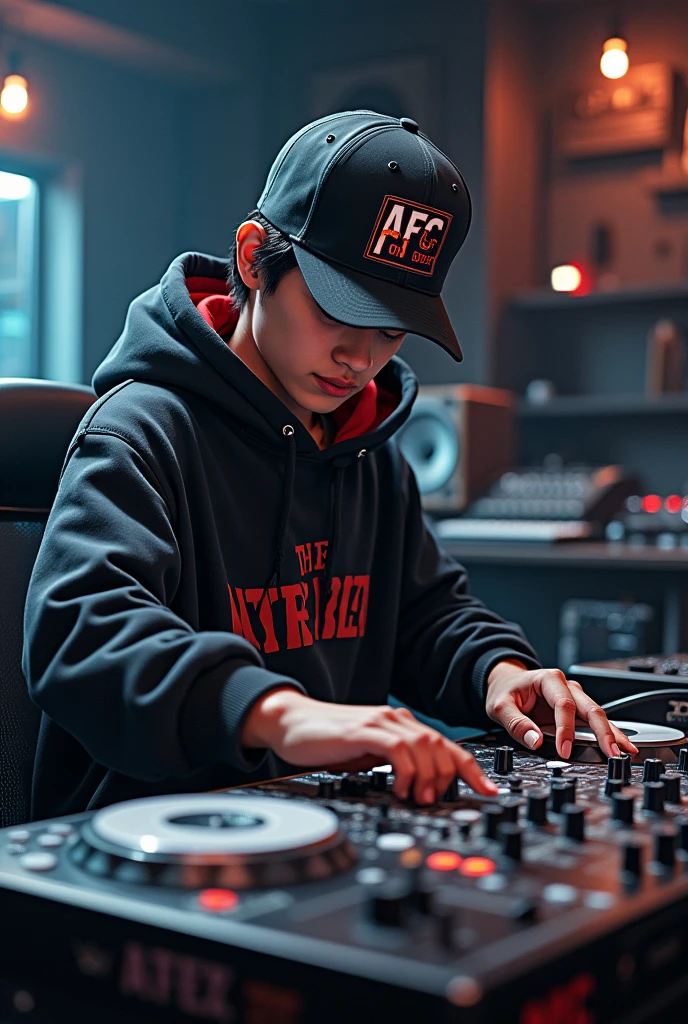 17-year-old music producer and backwards cap with the logo of "AFC on the beats "