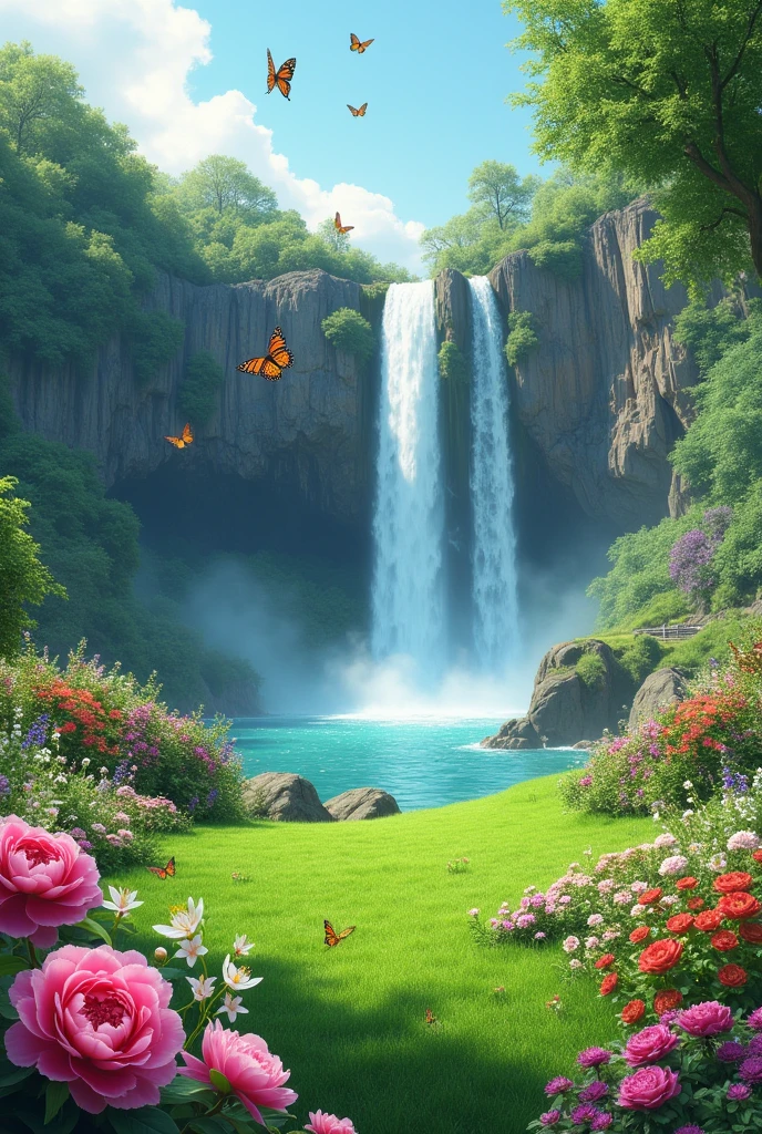 Green lawn, a waterfall, with butterflies and lots of flowers