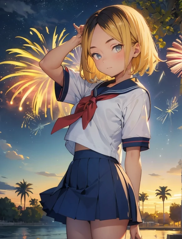 (masterpiece, Highest quality, Highest quality)，32K，Very young girl，very cute，alone,Baby Face，blonde，Black Hair，variegated hair，Very short stature，Very small ass，Very thin thighs，Bruises and gestures，(Short-sleeved sailor uniform:1.3)，mini skirt，exterior，Night Park，Night Sky，Fireworks，Fireworks display，
