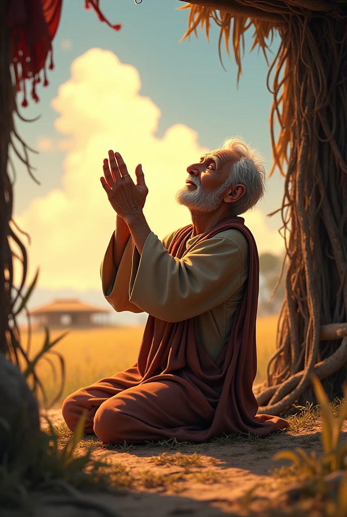 : "The poor old man is sitting on his knees in the field or in the corner of his hut, raising his hands to the sky in supplication. His features seem full of hope and supplication. The sky behind him is radiant with a dim light that suggests hope and the nearness of relief , 3d animation ,disney inspired, 8k