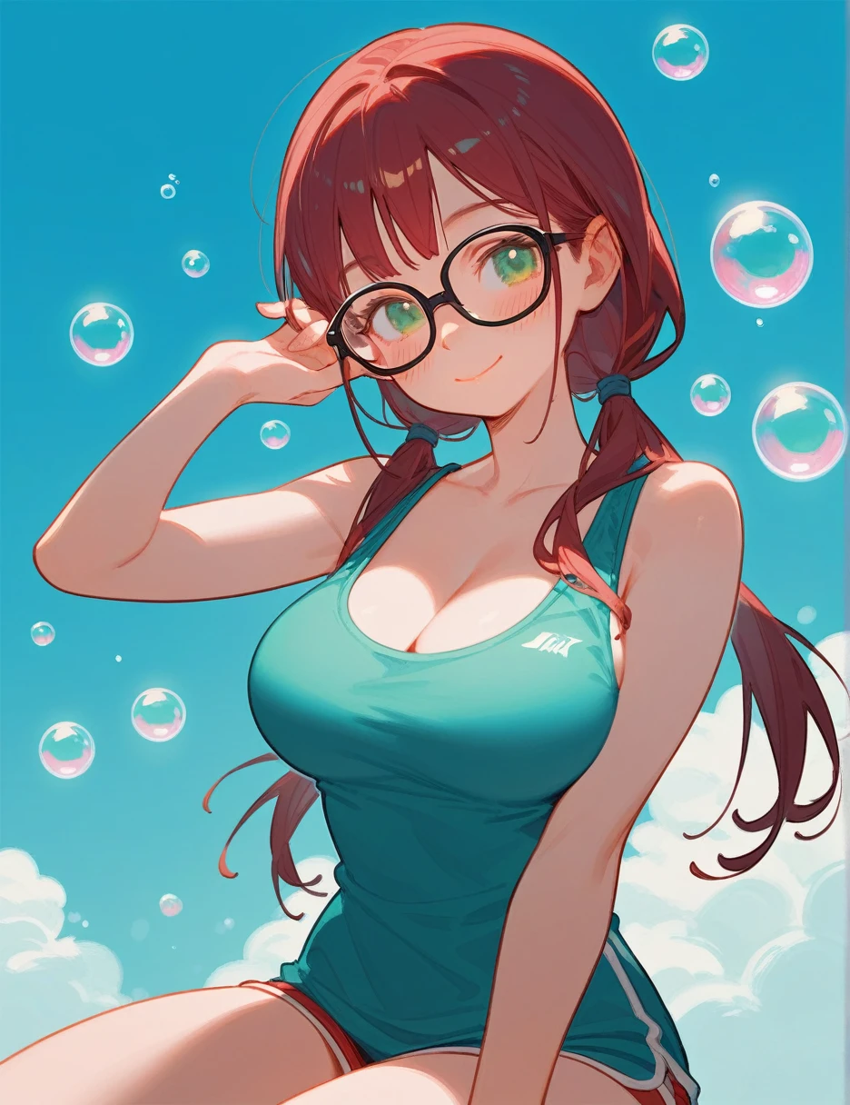 (from below:0.4), score_9_up,score_8_up, 1girl, solo, green eyes, burgundy hair, twin low tails, long hair, ((blush)), singlet, closed mouth, smile, big breast, pose, ((sitting)), (thin girl:1.2), (bubbles), ((entertainment park)), glasses, outline