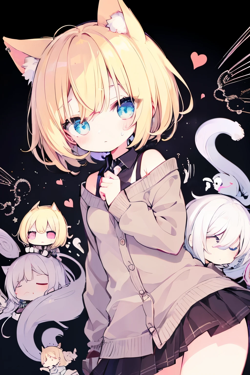 Blonde Cardigan、7of age、Putting on a collar、Elementary school girl、,platinum blonde short cut,Very beautiful and Shining Eyes、Shining Eyes、1 person、Large Breasts、Cat ear、(((((Small body)))))、heart❤、((Sweat、vapor))、Simple Background