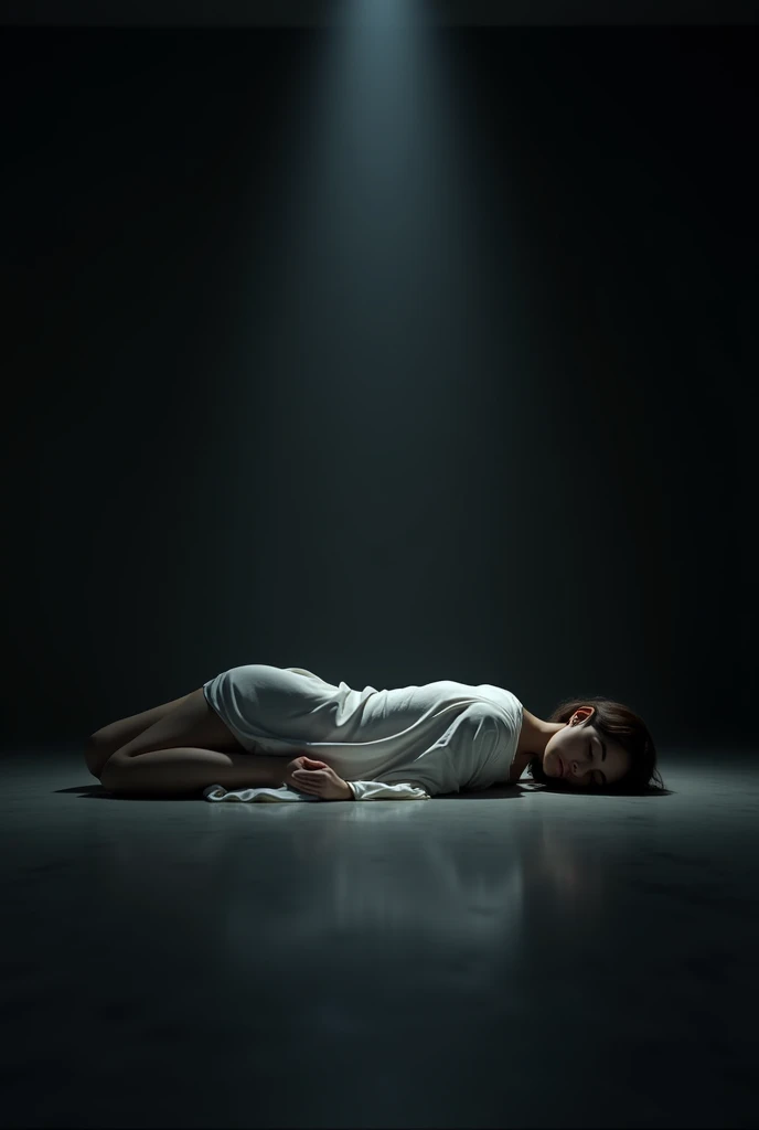 a one woman, lying down with a spotlight on her with a background