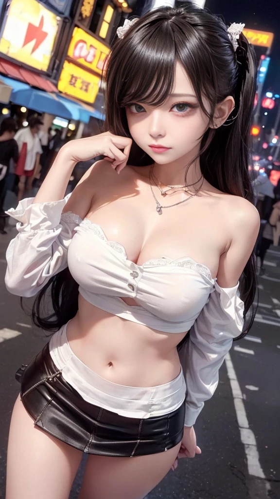 One girl, 独奏, Long Hair, smile, High resolution, masterpiece, accurate, Anatomically correct, Winner of numerous awards, 最high quality, High detail, Damaged, High-resolution model, high quality, Very detailed, Textured skin, Ultra high definition,Background blur, clair obscur, movie light effect, Godley, movie, Movie shooting,
Sexy standing pose、Open your legs、straddle、Emphasize the chest、Big cleavage、
(jirai type girl:1.1、Super large breasts:1.5, Off the shoulder、Oversized shirt、Ultra mini skirt、Beautiful thighs、Oval Face、Droopy eyes、Red eyeliner:1.2、Outdoor、In the city、Amidst the hustle and bustle of the city, night:1.8, Night Town、bustling street:1.5)