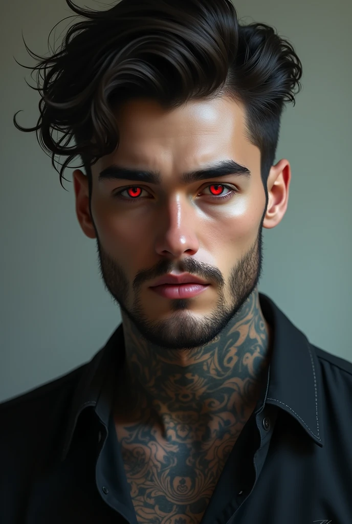 23 year old man with red eyes, handsome with a tattoo on his neck and beard