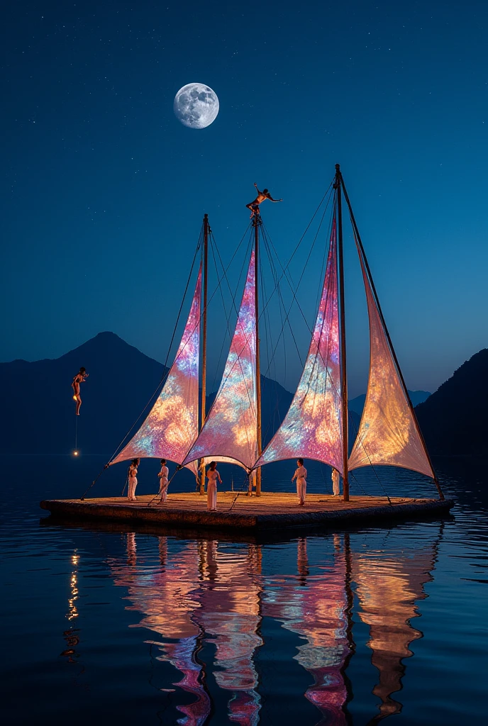 Night aerial circus show on Lake Atitlan. The stage is a floating bamboo platform with sails on which videos are projected..