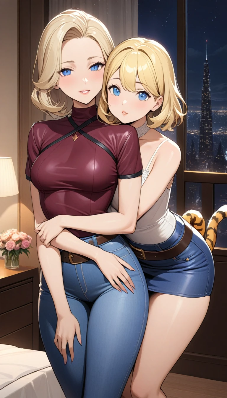 Two beautiful ladies ((lady 1: 35y old mom, with short straight blonde hair, lady 1 with blue eyes and caucasian skin, lady 1 wearing Tight Denim Skirt and Leather Belt, lady 1 Sexy Criss Cross Mock Neck Short Sleeves Tiger Skin Blouse)), ((lady 2: 13y old daughter, with short straight blonde hair, lady 2 with blue eyes and caucasian skin, lady 2 wearing Tight Denim Skirt and Leather Belt, lady 2 Sexy Criss Cross Mock Neck Short Sleeveless One-Strap Burgundy Blouse)), luxurious jewelry, 18k gold wedding ring on left hand, standing in their bedroom at night, mother hugging and kissing her daughter from behind, (light brown lipstick), (elegant mascara), (slim body), (small breasts), (wide hips), endjourney, <lora:GoodHands-, <lora:GoodLegs-, UHD, high resolution, (expressive eyes, perfect face, full body, expressive face, perfect body, perfect pussy, athletic, fit, slim body, blushing, Perfect makeup, eyeliner, beautiful eyelashes, smiling, horny face), ((best illumination, best shadows)), ((sexy pose)), ((Front pov:1.1))