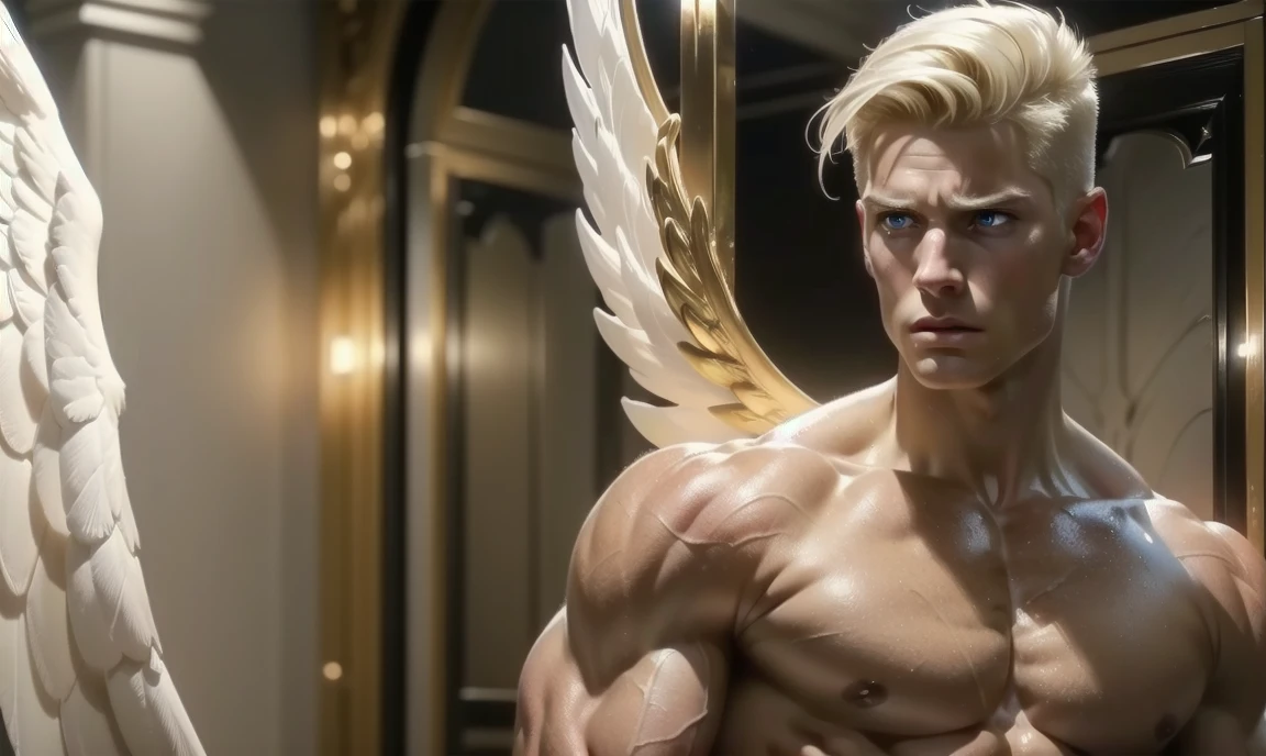 [((highly detailed, detailed eyes, detailed face, clear and realistic facial features, photorealistic, realistic light, cinematic, facing the viewer)), (1 man), (((((Gorgeous sexy powerful masculine male angel))))), (((two wings, both wings showing behind his back))), ((((short blond hair)))), ((((very pale eyes with white iris)))), ((35 years old)), ((wearing flattering angelic clothes)), (((aura of divine power))), standing in a cozy apartment at nighttime, ((light blush)), (((((wearing an annoyed expression)))))]