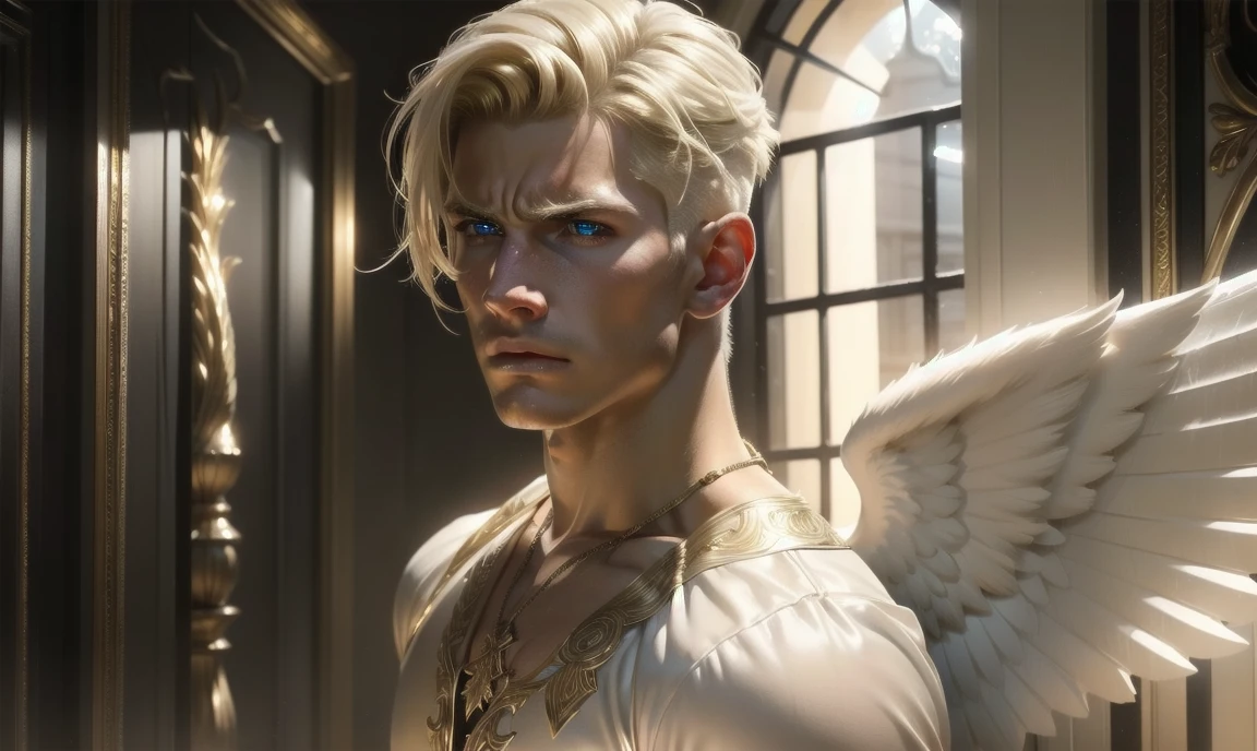 [((highly detailed, detailed eyes, detailed face, clear and realistic facial features, photorealistic, realistic light, cinematic, facing the viewer)), (1 man), (((((Gorgeous sexy powerful masculine male angel))))), (((two wings, both wings showing behind his back))), ((((short blond hair)))), ((((very pale eyes with white iris)))), ((35 years old)), ((wearing flattering angelic clothes)), (((aura of divine power))), standing in a cozy apartment at nighttime, ((light blush)), (((((wearing an annoyed expression)))))]