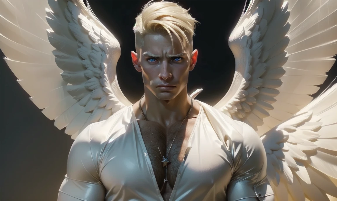 [((highly detailed, detailed eyes, detailed face, clear and realistic facial features, photorealistic, realistic light, cinematic, facing the viewer)), (1 man), (((((Gorgeous sexy powerful masculine male angel))))), (((two wings, both wings showing behind his back))), ((((short blond hair)))), ((((very pale eyes with white iris)))), ((35 years old)), ((wearing flattering angelic clothes)), (((aura of divine power))), standing in a cozy apartment at nighttime, ((light blush)), (((((wearing an annoyed expression)))))]