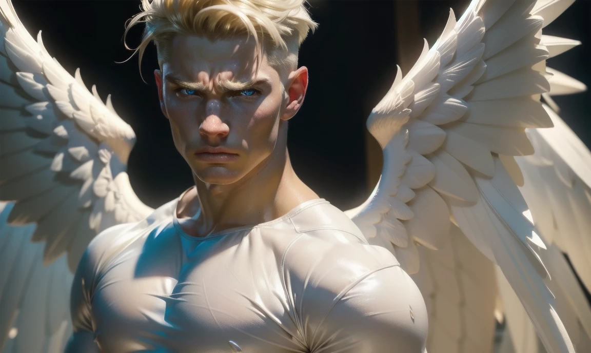 [((highly detailed, detailed eyes, detailed face, clear and realistic facial features, photorealistic, realistic light, cinematic, facing the viewer)), (1 man), (((((Gorgeous sexy powerful masculine male angel))))), (((two wings, both wings showing behind his back))), ((((short blond hair)))), ((((very pale eyes with white iris)))), ((35 years old)), ((wearing flattering angelic clothes)), (((aura of divine power))), standing in a cozy apartment at nighttime, ((light blush)), (((((wearing an annoyed expression)))))]
