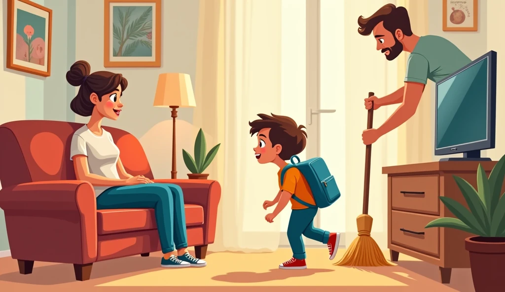 3 PEOPLE IN A ROOM, A SITTING ON THE SOFA WATCHING TELEVISION, A BOY WITH A BACKPACK LEAVING HOME, A MAN SWEEPING CARTOON