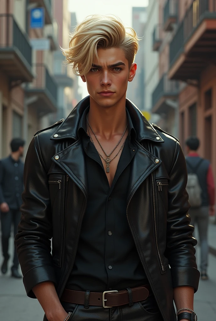 Chico detective, manly, rubio, slender, young, Cheek-length hair, Rock style, white, elegant physique