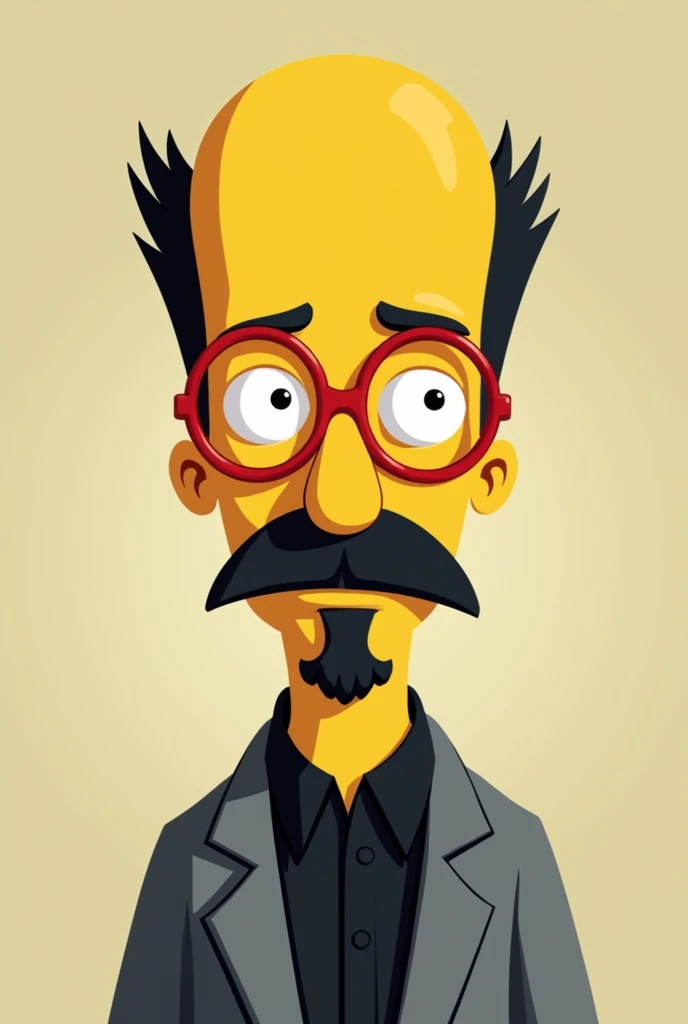 Create the animated character Kirk Evelyn Van Houten with a black goatee, who is Milhouse's father with little black hair on the periphery and bald in the center of his rounded head with round red-framed glasses with a flat nose and round cheeks . Closed goatee with black mustache, with a grey suit and a black shirt with black hair on the sides, short black closed beard.light tan