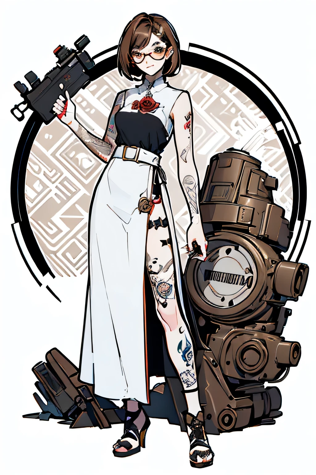 (drawing) (vector) Female tattoo artist with tattoo machine in hand in retro style and knee-length dress,thesis clara, light brown hair, with rose-colored glasses, short