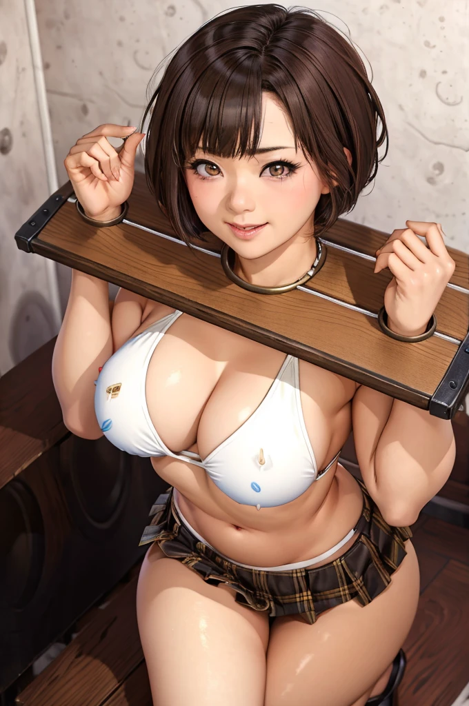 (masterpiece, best quality:1.2), nsfw, Hitomi, 1girl, solo, solo focus, (beautiful detailed brown eyes:1.2), short hair, smile, looking at viewer, camisole, miniskirt, pokies, ((pillory:1.2)),