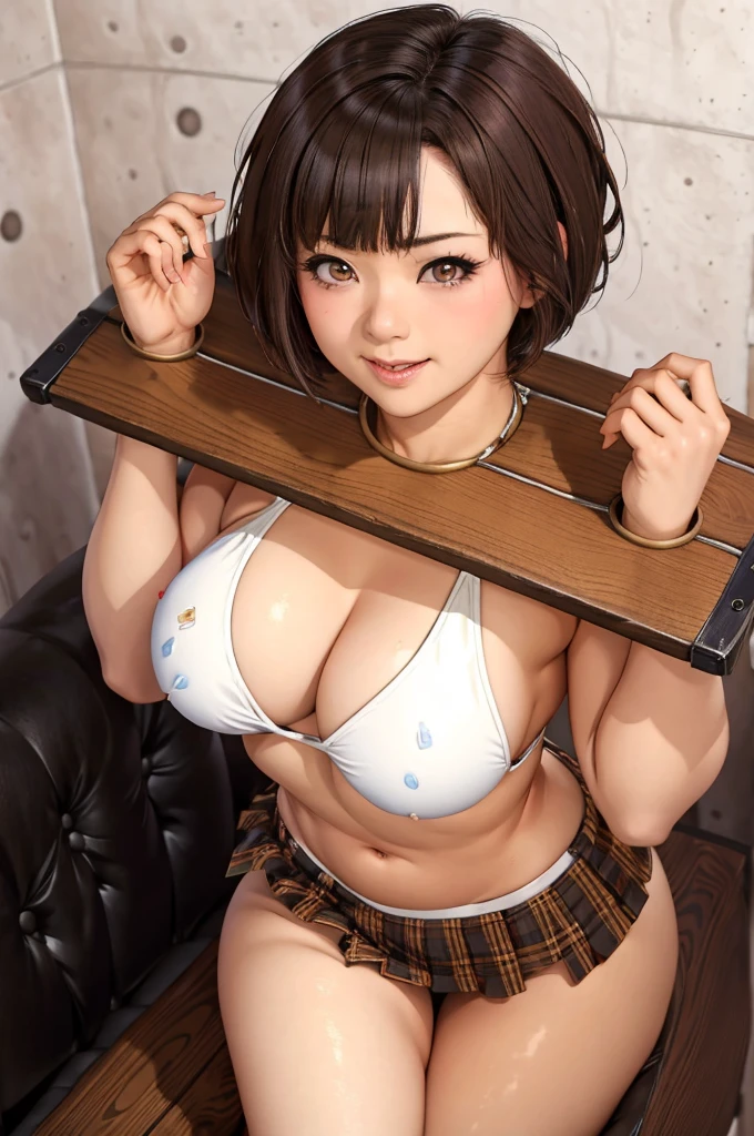 (masterpiece, best quality:1.2), nsfw, Hitomi, 1girl, solo, solo focus, (beautiful detailed brown eyes:1.2), short hair, smile, looking at viewer, camisole, miniskirt, pokies, ((pillory:1.2)),