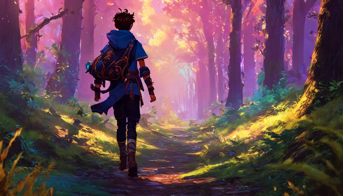 a human boy walking in a dense forest, high fantasy RPG style, League of Legends-inspired art style, dynamic poses, detailed facial features, cinematic lighting, vibrant colors, dramatic atmosphere, gritty realism, masterpiece, best quality, ultra-detailed, VALORANT