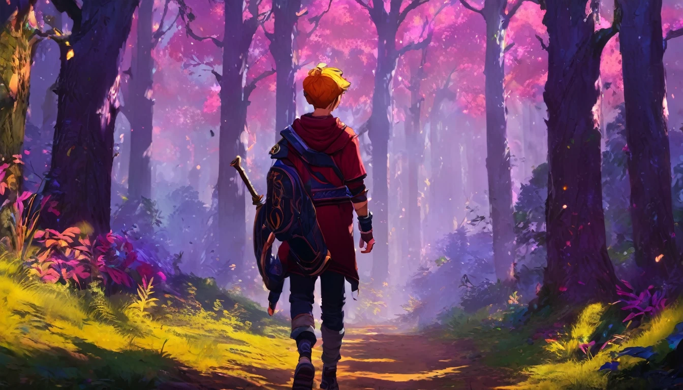  a human boy walking in a dense forest, high fantasy RPG style, League of Legends-inspired art style, dynamic poses, detailed facial features, cinematic lighting, vibrant colors, dramatic atmosphere, gritty realism, masterpiece, best quality, ultra-detailed, VALORANT