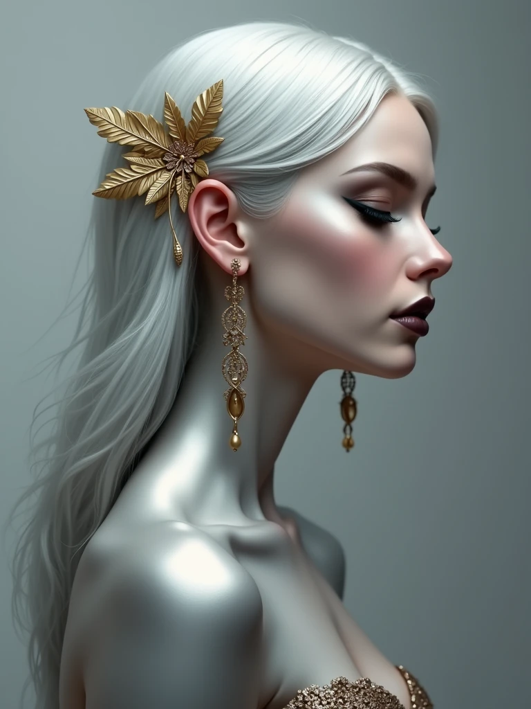Digital art portrait featuring a side profile of a woman with long, flowing, silver hair adorned with a golden leaf hair accessory. Her skin is depicted in a smooth, metallic silver tone, and her facial features are finely detailed with high cheekbones, a slender nose, and full lips painted in a dark shade. She has closed eyes with long, dark eyelashes and wears elegant, dangling earrings. The background is a gradient of light to dark gray, enhancing the ethereal and sophisticated atmosphere of the artwork.