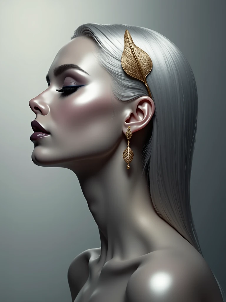 Digital art portrait featuring a side profile of a woman with long, flowing, silver hair adorned with a golden leaf hair accessory. Her skin is depicted in a smooth, metallic silver tone, and her facial features are finely detailed with high cheekbones, a slender nose, and full lips painted in a dark shade. She has closed eyes with long, dark eyelashes and wears elegant, dangling earrings. The background is a gradient of light to dark gray, enhancing the ethereal and sophisticated atmosphere of the artwork.