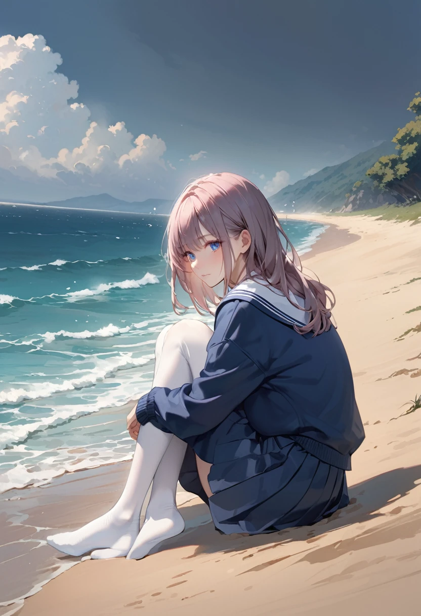 Highest quality、High resolution、Detailed Background、Beautiful face in every detail、Highly detailed face、Detailed eyes、Teenage beauty、Perfect body line、Light color hair、Bobcut、ponytail、Wavy Hairstyle、Shiny navy blue sailor suit、White sailor collar、Navy blue pleated skirt、School Cardigan、White Stockings、A melancholy atmosphere、
The seaside covered in a dark grey sky、My hair swaying in the wind、It highlights the girl's lonely expression.、The figure of a girl walking slowly alone on the beach seems to symbolize the loneliness of autumn.、
While being blown by the sea breeze、There seems to be a sadness in the eyes of the girl as she silently gazes into the distance.、The back of the girl standing facing the sea seems to speak of loneliness and solitude.、Girl sitting on the beach、The sight of her curled up, hugging her knees, makes me feel like she is carrying a heavy burden inside her.、The tears that occasionally run down my cheeks seem to symbolize the loneliness of autumn.、The girl's gloomy expression stands out in a landscape dominated by cool colors.、The sight of a girl standing quietly alone awakens the loneliness of autumn deep in our hearts.、The inner loneliness of the girl reflected in the autumn sea slowly seeps into the viewer's heart.