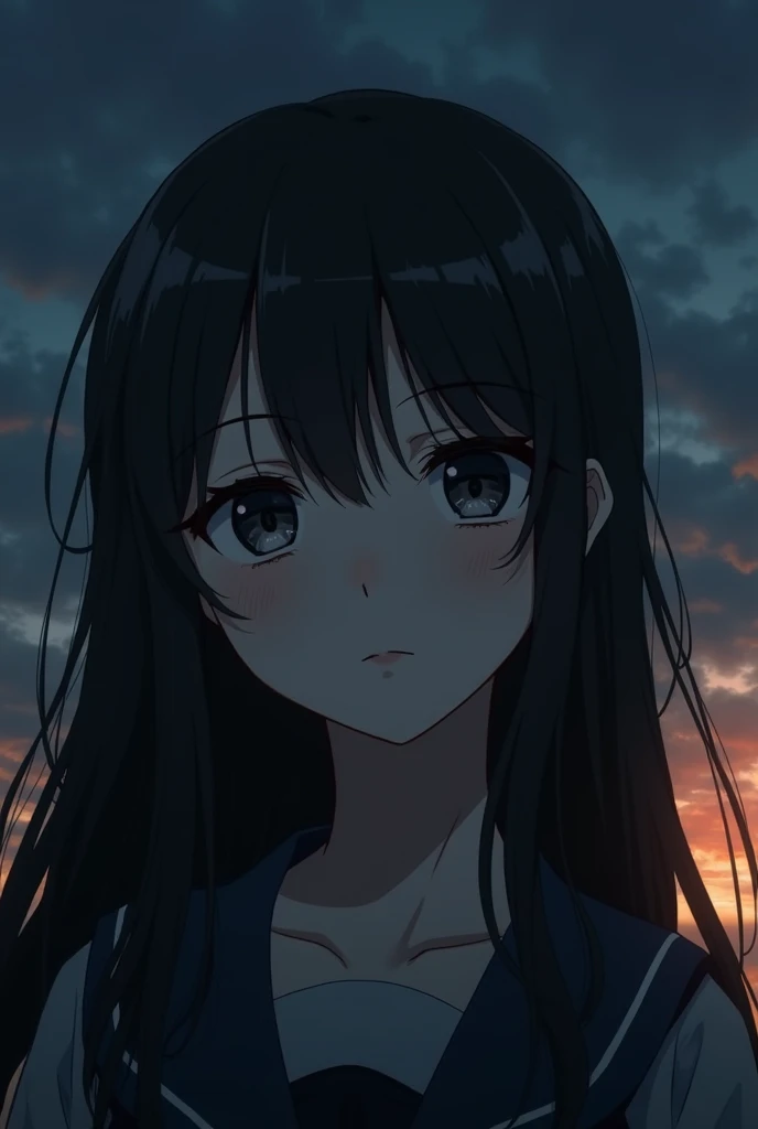 A melancholy anime girl, with hauntingly intense black eyes and long black hair cascading over her shoulders. The focus is on her face, framed by a dark background. This detailed portrait captures the complexity of her expression, reinforcing the sombre mood. The image is a high-quality painting, highlighting the striking contrast between light and shadow. Each brushstroke highlights the nuances of her features, drawing the viewer into the bittersweet tale of a young girl's inner turmoil. This young girl looks towards the horizon anime style