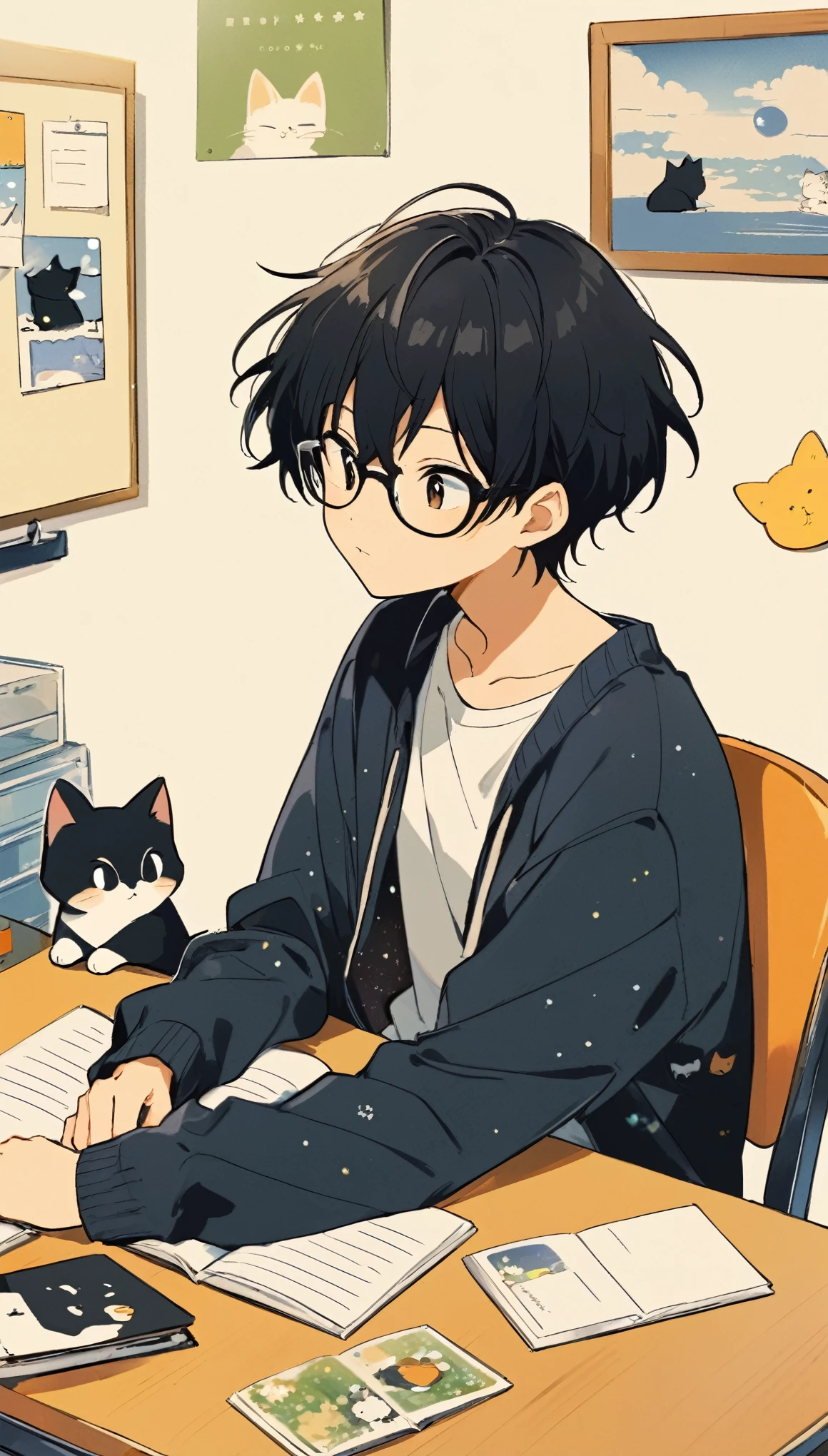 anime boy with black hair and glasses sitting at a desk with a cat, inspired by Okumura Togyu, inspired by Okumura Masanobu, in anime style, anime visual of a cute cat, in an anime style, anime asthetic, anime cat, anime aesthetic, modern anime style, anime lover, anime picture, pin on anime