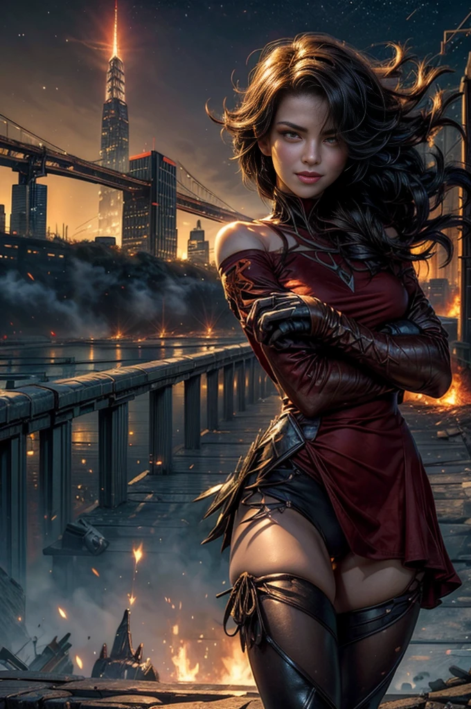 (masterpiece, best quality:1.2), cowboy shot, solo, 1girl, cinder fall, looking at viewer, long hair, red dress, elbow gloves, pantyhose, dynamic pose, next to wrecked bridge, wrecked skyscrapers, holding fire, night, stars, evil smile, post-apocalypse, dystopian future  crowd, (volumetric lighting), sharp focus, hyper detailed 