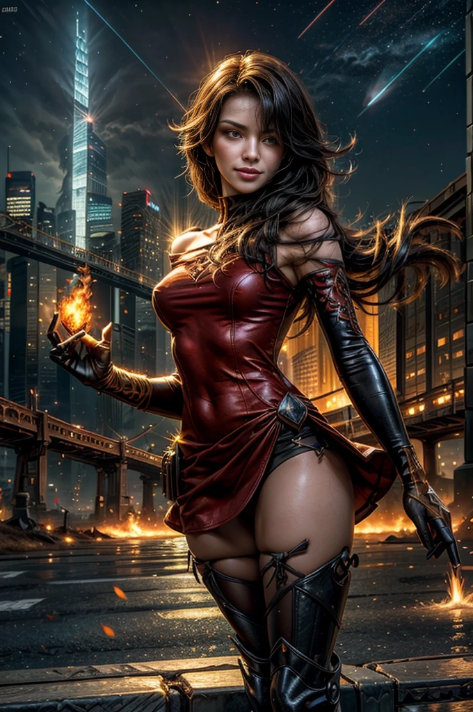 (masterpiece, best quality:1.2), cowboy shot, solo, 1girl, cinder fall, looking at viewer, long hair, red dress, elbow gloves, pantyhose, dynamic pose, next to wrecked bridge, wrecked skyscrapers, holding fire, night, stars, evil smile, post-apocalypse, dystopian future crowd, (volumetric lighting), sharp focus, hyper detailed