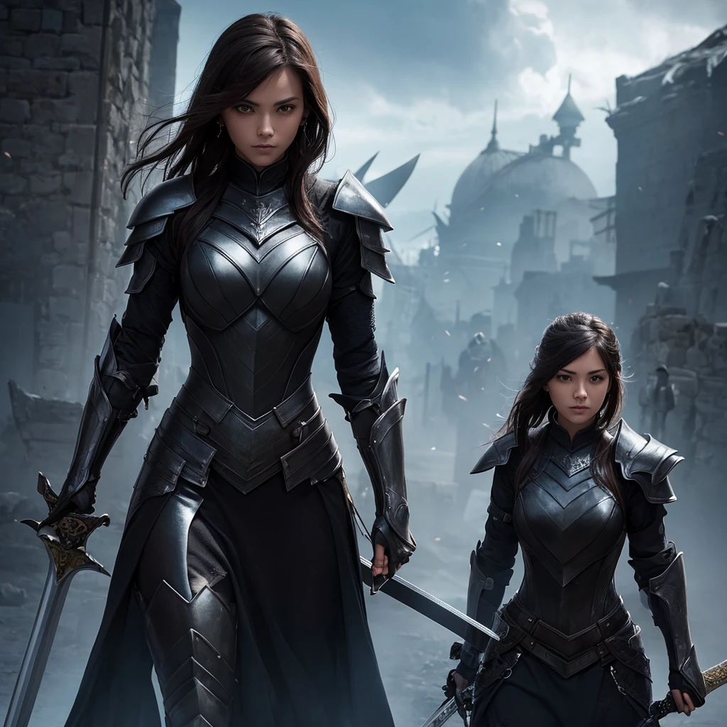 woman in dark armor and sword