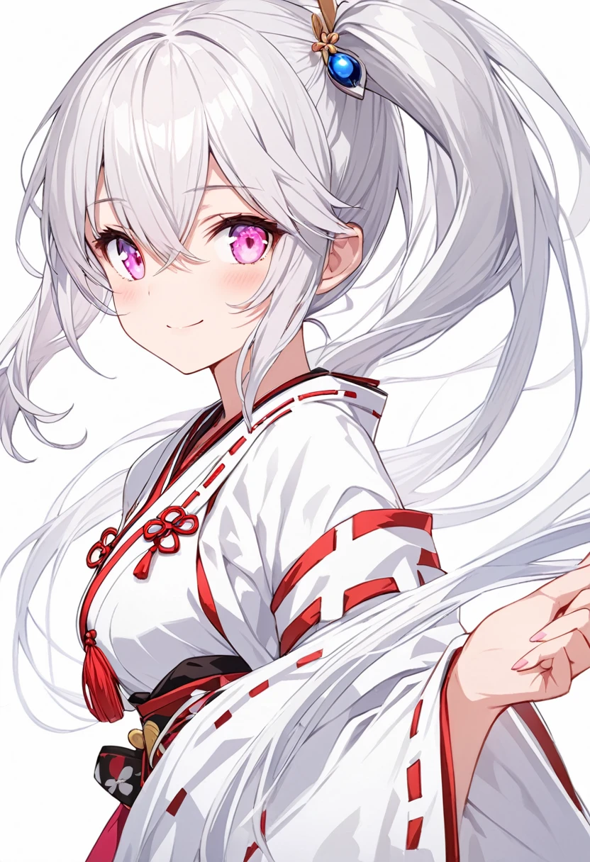 [(white background:1.4)::5],original,(illustration:1.1),(best quality),(masterpiece:1.1),(extremely detailed CG unity 8k wallpaper:1.1), (colorful:0.9),(mid shot:0.95),((highly detailed beautiful face and eyes)),(solo:1.2), (girl),(((adult))), (detailed beautiful eyes:1.15), (beautiful face:1.15), (glowing pink eyes:1.25////),(((silver medium hair))),(+perfect hand+:1.21),(Draw an illustration of japanese miko),(((side ponytail))),(Religious),(slender),(from side),(is wearing white kimono),(fantasy miko clothes),((beutiful slender girl with white kimono)),smile,(adult),side ponytail,