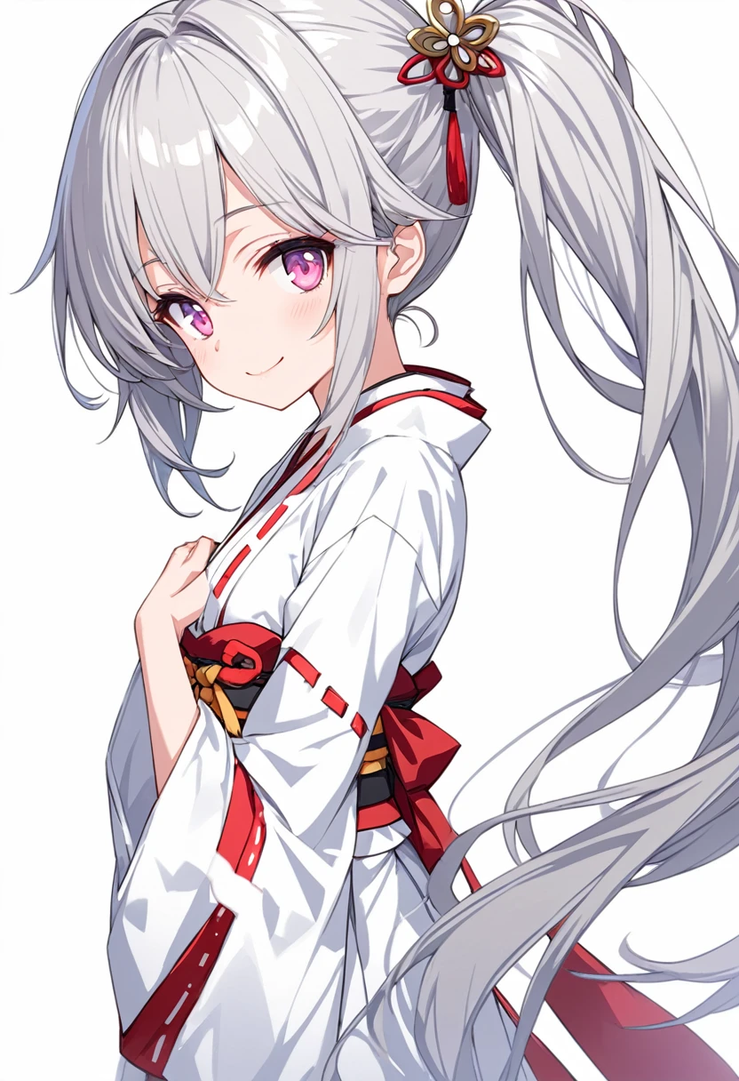 [(white background:1.4)::5],original,(illustration:1.1),(best quality),(masterpiece:1.1),(extremely detailed CG unity 8k wallpaper:1.1), (colorful:0.9),(mid shot:0.95),((highly detailed beautiful face and eyes)),(solo:1.2), (girl),(((adult))), (detailed beautiful eyes:1.15), (beautiful face:1.15), (glowing pink eyes:1.25////),(((silver medium hair))),(+perfect hand+:1.21),(Draw an illustration of japanese miko),(((side ponytail))),(Religious),(slender),(from side),(is wearing white kimono),(fantasy miko clothes),((beutiful slender girl with white kimono)),smile,(adult),side ponytail,