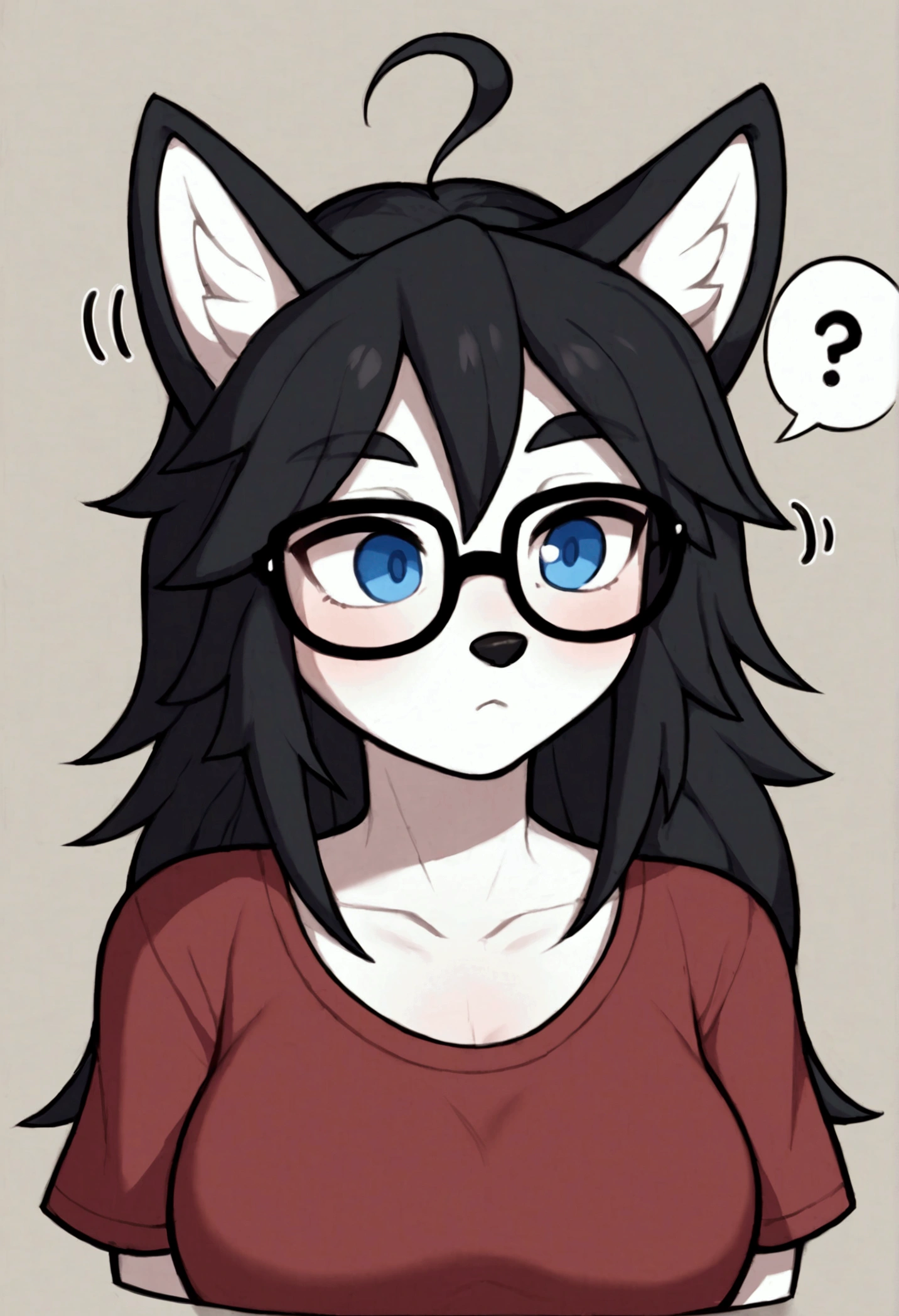 (by shadman),alone, punctuation_9,punctuation_8_High above,punctuation_7_High above, a young hairy wolf Anthro nerd,child,feminine,young wolf girl, wolf muzzle, white hairy body, Cao Cao, long messy black hair,long hair, Bblack hair, white wolf tail, black glasses, blue colored eyes, white wolf ears, white wolf tail, breasts small, wearing a red t-shirt, short preto ,,he would be,fly away,portraite,unexpressive,close up looking forward,white ear,icons,high qualiy