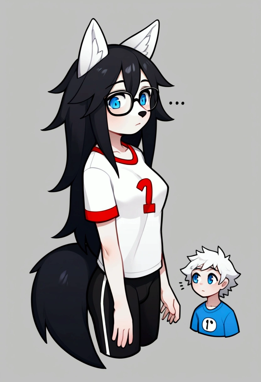 (by shadman),alone, punctuation_9,punctuation_8_High above,punctuation_7_High above, a young hairy wolf Anthro nerd,child,feminine,young wolf girl, wolf muzzle, white hairy body, Cao Cao, long messy black hair,long hair, Bblack hair, white wolf tail, black glasses, blue colored eyes, white wolf ears, white wolf tail, breasts small, wearing a red t-shirt, short preto ,,he would be,fly away,portraite,unexpressive,close up looking forward,white ear,icons,high qualiy