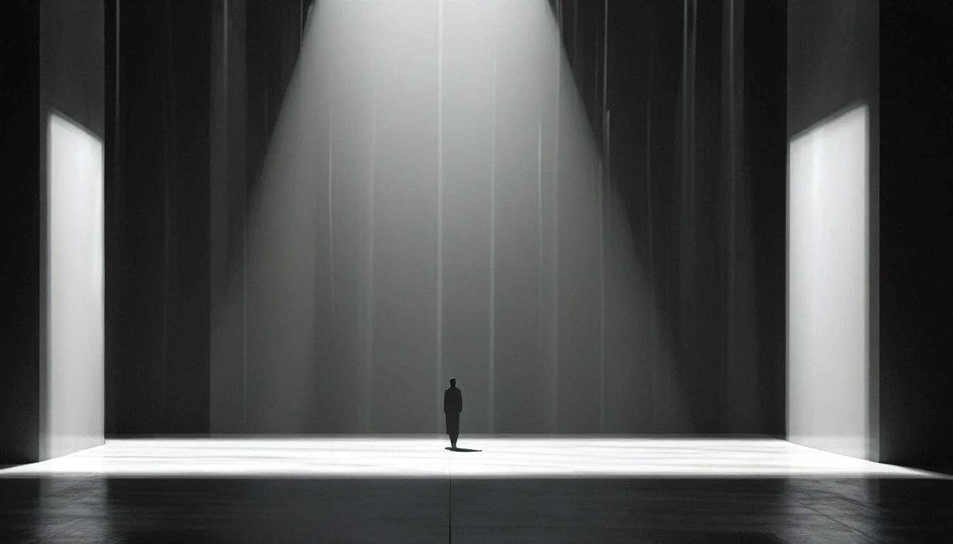 Shadowy figure beneath a single streetlamp on an empty street, minimalist Journey,highres,ultra-detailed,realistic,portrait,monochrome,contrast,bold lines,dark atmosphere,simple composition,dramatic lighting,expressive face,subtle emotions,striking gaze,intense stare,simple clothing,mysterious background,haunting beauty,graceful pose,mysterious aura,vivid black and white tones,ethereal,concept art,journey of self-discovery,quiet introspection,depth of the soul,symbolic representation,minimalist environment,subtle details,emotional depth,striking simplicity,balance of light and darkness,surreal experience,striking shadows,subtle textures,detailed expression,striking visual impact,straightforward yet thought-provoking,wide range of emotional interpretation,shadow,anatomical correct:2