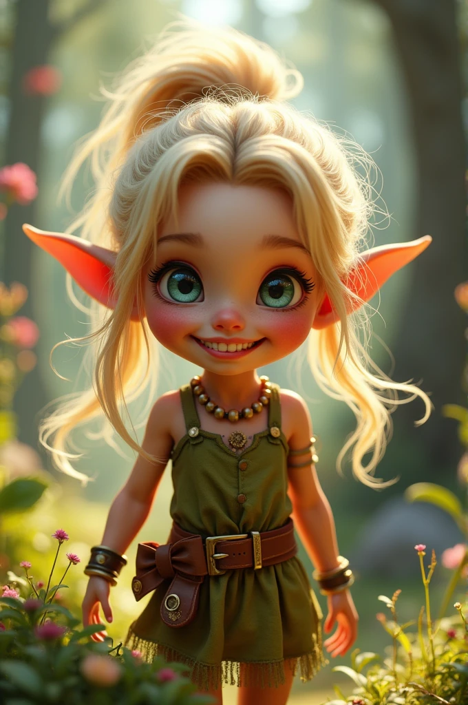 Pixie girl with big cheeks. slim. Blonde with ponytail in long hair.  girl. Naughty Elf. few teeth. scream. 