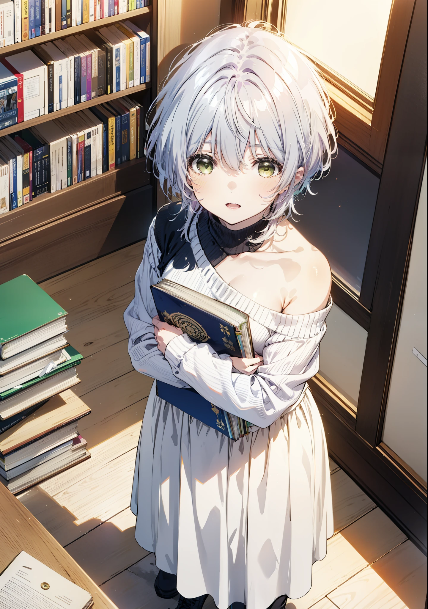 fuukakikuchi, fuuka kikuchi, short hair, bangs, Hair between the eyes, (Green Eyes:1.3),smile,Open your mouth,Grey Hair,One-shoulder sweater,Long skirt,Black pantyhose,short boots,Holding a book in both arms,Bookshelf,There are many books piled up on the table,whole bodyがイラストに入るように,
break indoors, figure書館,
break looking at viewer,whole body,
break (masterpiece:1.2), Highest quality, High resolution, unity 8k wallpaper, (figure:0.8), (Beautiful attention to detail:1.6), Highly detailed face, Perfect lighting, Highly detailed CG, (Perfect hands, Perfect Anatomy),
