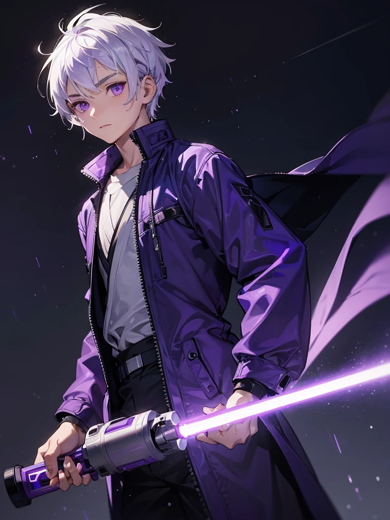 young boy, with white hair, violet eyes, in Jedi clothing and using a purple lightsaber, in the rain at night