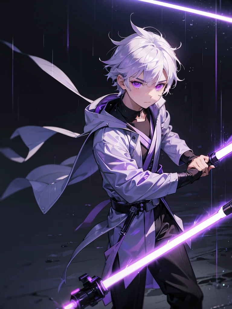 young boy, with white hair, violet eyes, in Jedi clothing and using a purple lightsaber, in the rain at night