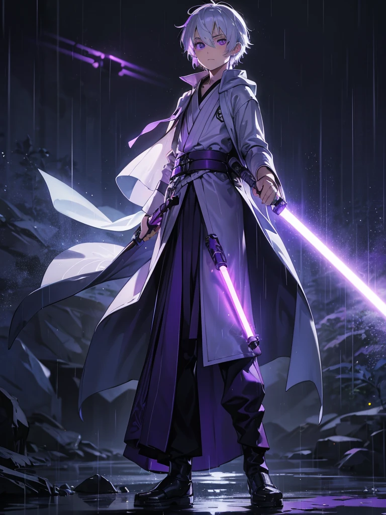 young boy, with white hair, violet eyes, in Jedi clothing and using a purple lightsaber, in the rain at night