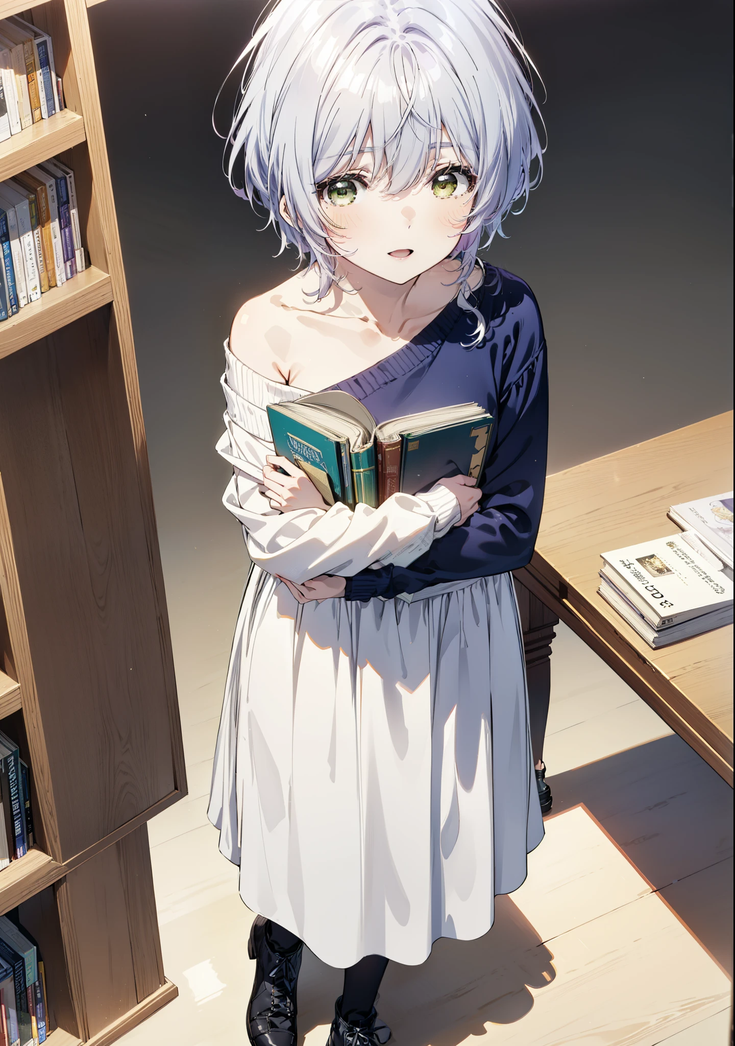 fuukakikuchi, fuuka kikuchi, short hair, bangs, Hair between the eyes, (Green Eyes:1.3),smile,Open your mouth,Grey Hair,One-shoulder sweater,Long skirt,Black pantyhose,short boots,Holding a book in both arms,Bookshelf,There are many books piled up on the table,whole bodyがイラストに入るように,
break indoors, figure書館,
break looking at viewer,whole body,
break (masterpiece:1.2), Highest quality, High resolution, unity 8k wallpaper, (figure:0.8), (Beautiful attention to detail:1.6), Highly detailed face, Perfect lighting, Highly detailed CG, (Perfect hands, Perfect Anatomy),