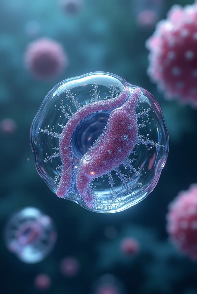 A coacervate dividing into two, showing how these droplets can grow and replicate. Ao fundo, other droplets form and interact.
