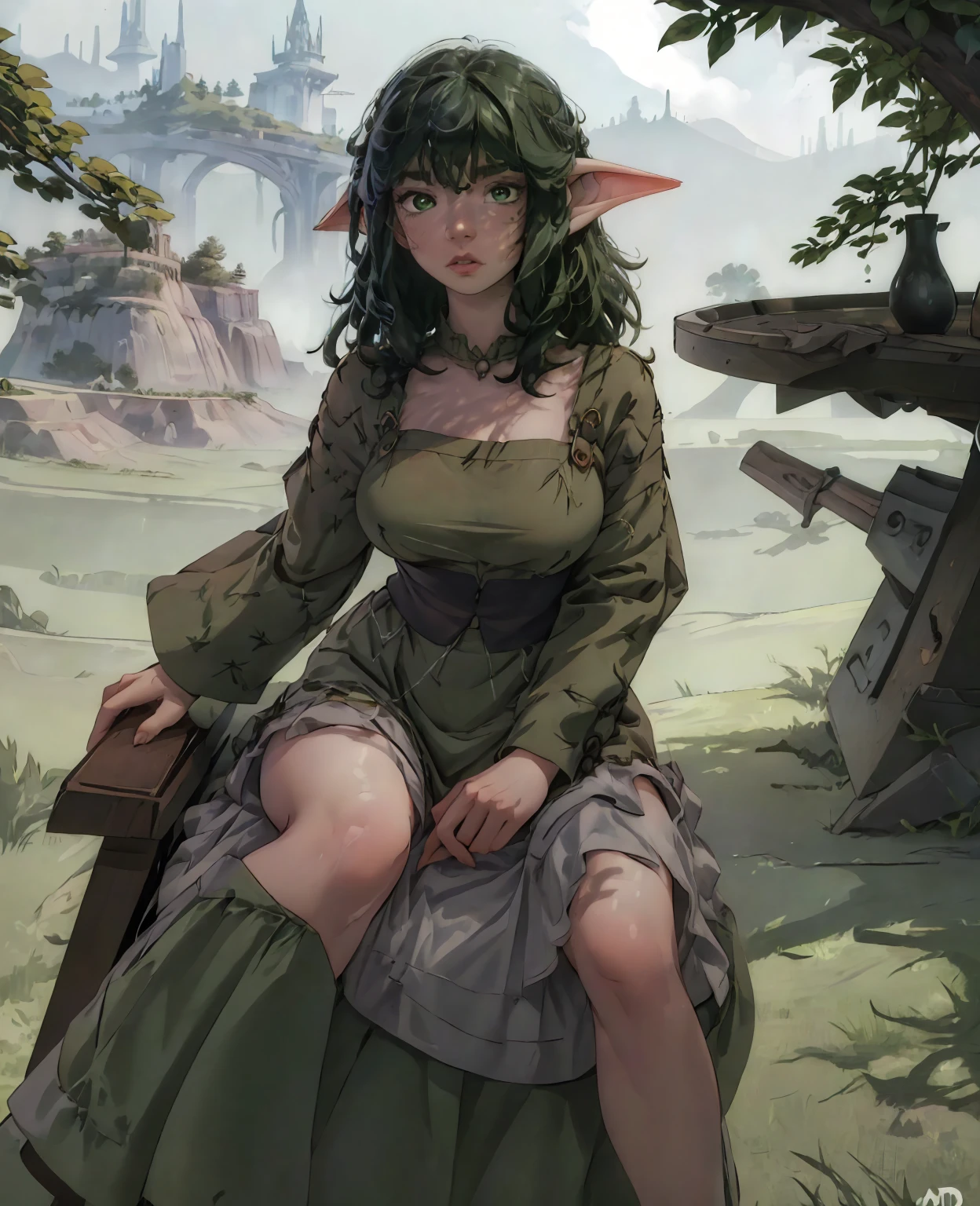 A beautiful detailed portrait of Anya Taylor-Joy as a goblin girl, long eyelashes, piercing emerald green eyes, delicate facial features, pale skin, pointed ears, messy curly red hair, wearing an ornate green dress, sitting in a dark forest surrounded by mushrooms and vines, moody dramatic lighting, cinematic composition, digital art, concept art style, highly detailed, photorealistic, (best quality,4k,8k,highres,masterpiece:1.2),ultra-detailed,(realistic,photorealistic,photo-realistic:1.37)