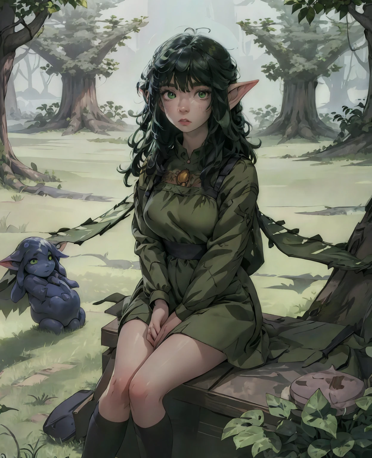 A beautiful detailed portrait of Anya Taylor-Joy as a goblin girl, long eyelashes, piercing emerald green eyes, delicate facial features, pale skin, pointed ears, messy curly red hair, wearing an ornate green dress, sitting in a dark forest surrounded by mushrooms and vines, moody dramatic lighting, cinematic composition, digital art, concept art style, highly detailed, photorealistic, (best quality,4k,8k,highres,masterpiece:1.2),ultra-detailed,(realistic,photorealistic,photo-realistic:1.37)